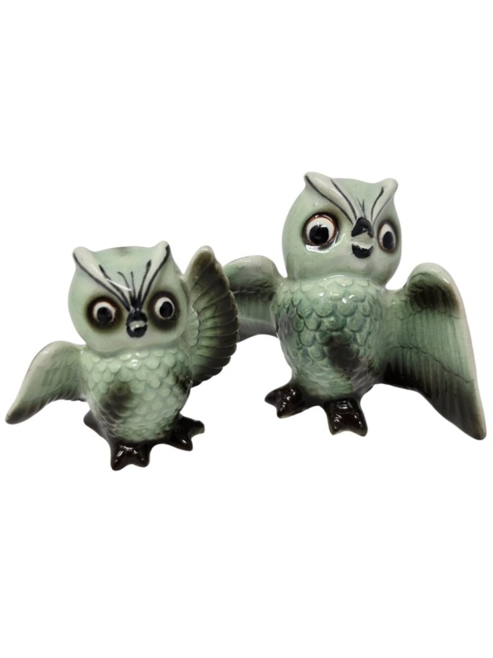Vtg Japan MCM Anthropomorphic Green Owls Salt & Pepper Shakers Expressive Wings
